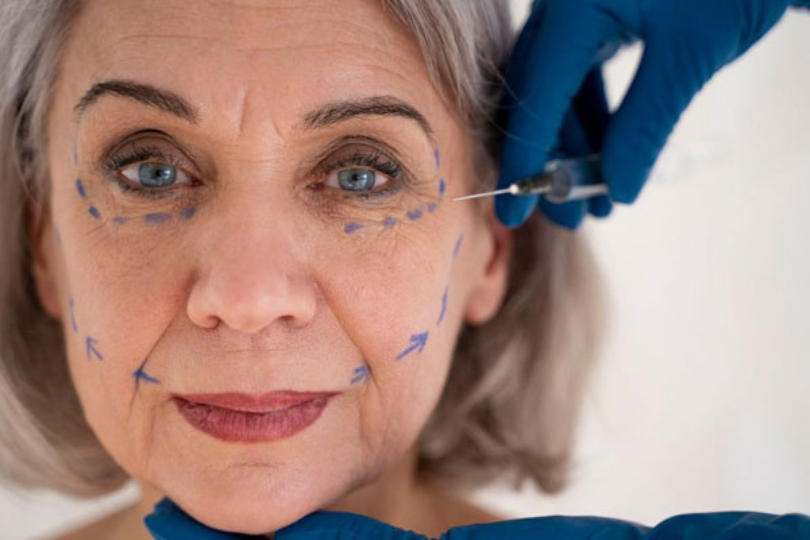 A healthcare professional in blue gloves administers dermal fillers for wrinkles near a patient’s ear, offering the best fillers for your face at Providence Aesthetics